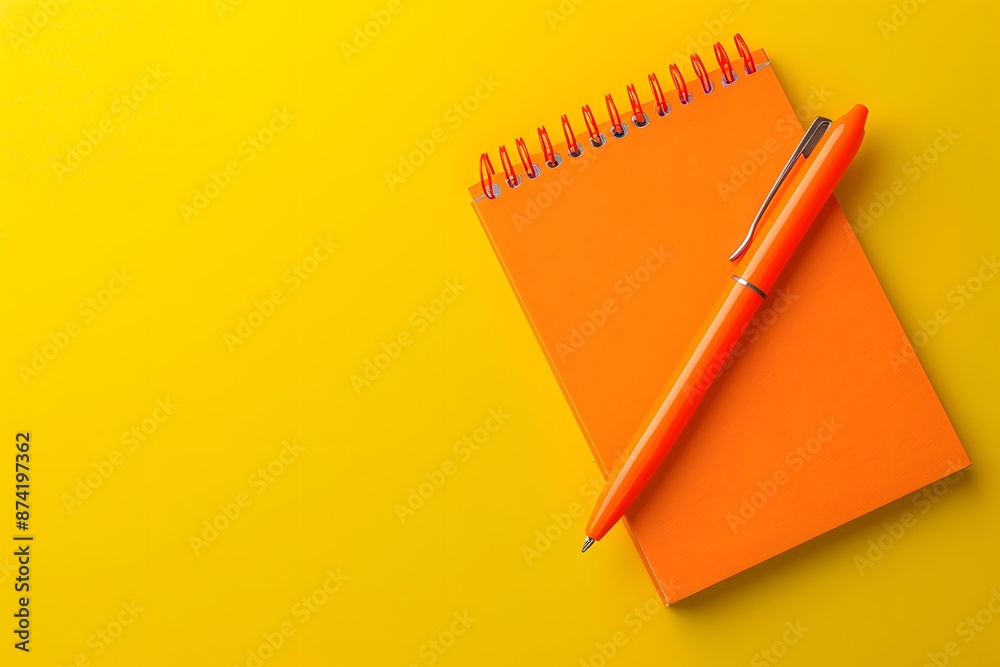 Bright Orange Notebook and Pen on a Vibrant Yellow Background Bright Orange Notebook and Pen on a Vibrant Yellow Background
