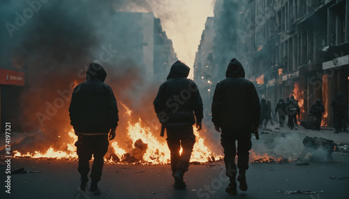 A violent riot or street fight by criminal gangs or extremists, masked faces in black clothes and hoodies, fire and flames in the burning city, looting and demonstrations