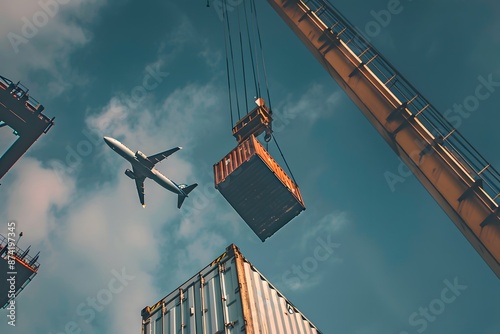 A detailed image of a container being loaded onto a ship by a crane, with a cargo plane in the background, highlighting import and export logistics