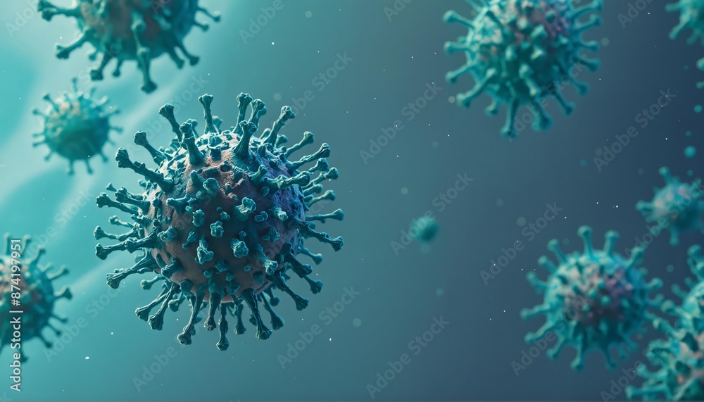 Obraz premium Microscopic View of Flu Virus in Laboratory Setting, Virus Research and Prevention