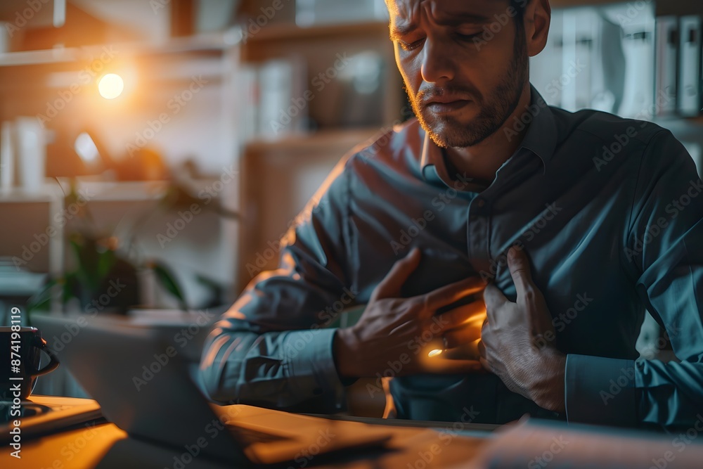 Fototapeta premium Man Experiencing Chest Pain While Working Late at the Office