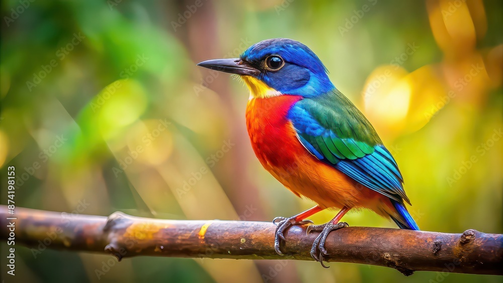 Obraz premium Vibrant close-up photo of a colorful bird perched on a branch in the forest , Wildlife, Feathers, Avian, Nature, Feathered, Plumage