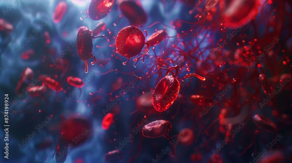 Red blood cells float and move in a dark blue fluid, creating an abstract, biological scene. Red blood cells float and move in a dark blue fluid, creating an abstract, biological scene.
