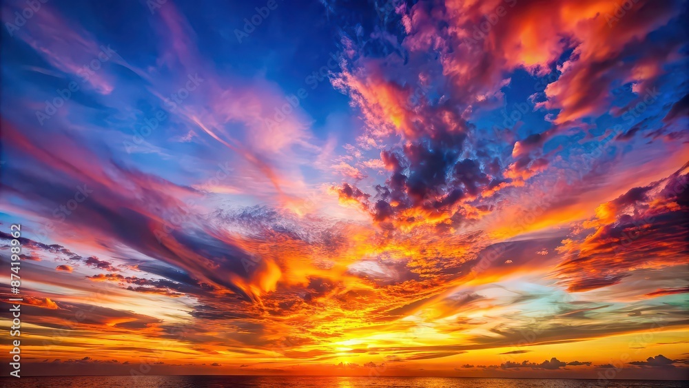 Vibrant sunset with colorful hues in the sky, sunset, vibrant, sky, horizon, orange, pink, red, yellow, colorful, clouds