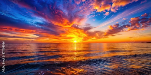 Vibrant sunset casting warm colors over calm ocean waters, sunset, ocean, water, vibrant, colors, peaceful, serene, horizon