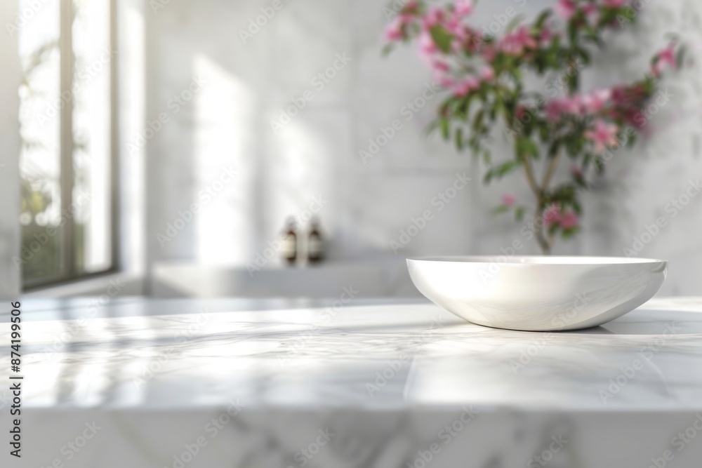 White bathroom interior. Empty marble table top for product display White bathroom interior. Empty marble table top for product display