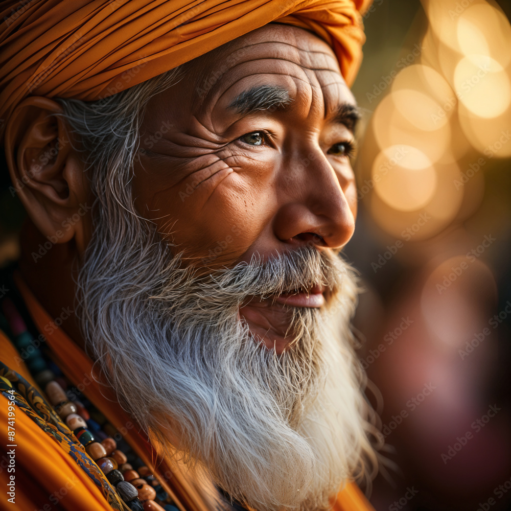 Close-up portrait of an older man with a long white beard, wearing traditional indian attire and a turban. He appears to be looking off to the side with a contemplative expression. Close-up portrait of an older man with a long white beard, wearing traditional indian attire and a turban. He appears to be looking off to the side with a contemplative expression.