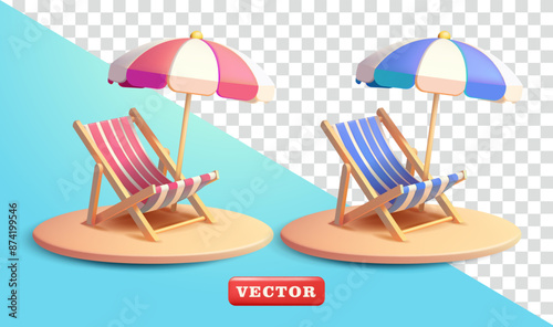 Beach chairs and umbrellas, 3d vector. Suitable for business, holidays and design elements