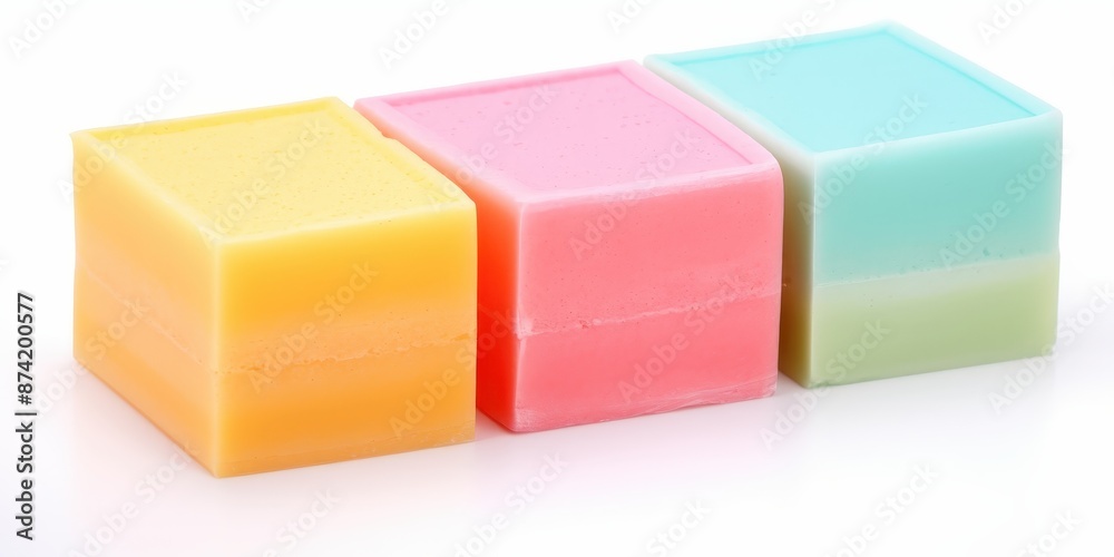 Three brightly colored handmade soap bars in yellow, pink, and blue Three brightly colored handmade soap bars in yellow, pink, and blue