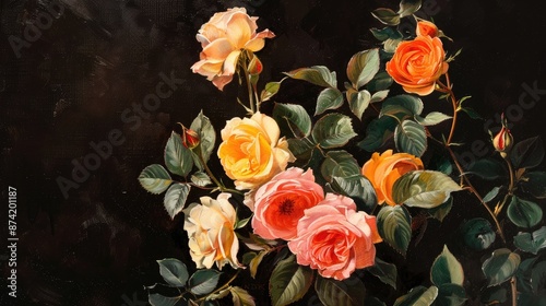 Fototapeta Naklejka Na Ścianę i Meble -  Vintage painting of pink orange and yellow roses in macro on black backdrop