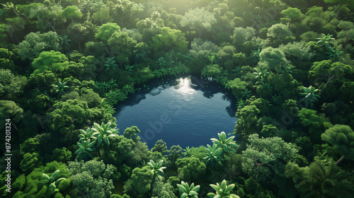 Aerial view of advances in environmentally friendly battery technology and sustainable energy storage within a dense rainforest