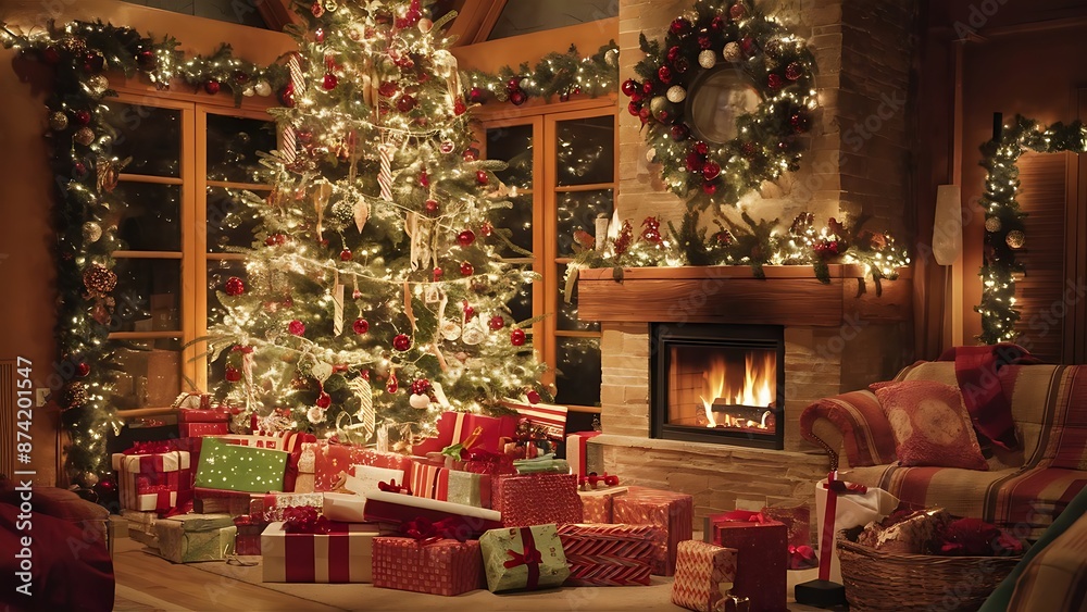 Interior living room with a Christmas tree and gifts Interior living room with a Christmas tree and gifts