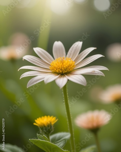 A close-up shot of a purple and yellow flower with an exaggerated bokeh effect, creating an overly blurred background.