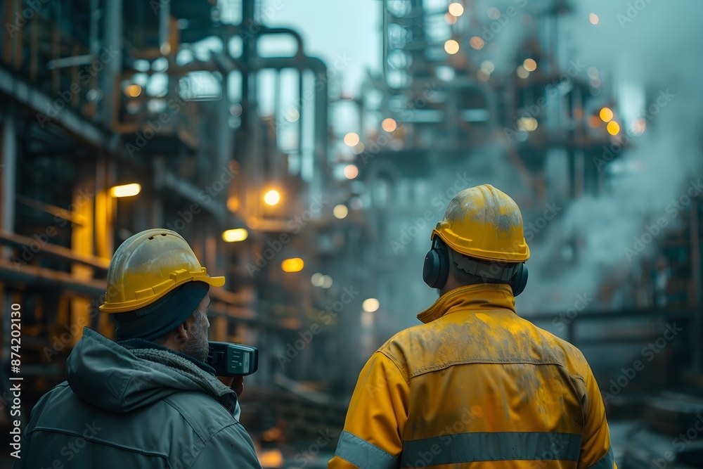 Industrial Workers Overseeing Operations in a Busy Refinery Industrial Workers Overseeing Operations in a Busy Refinery