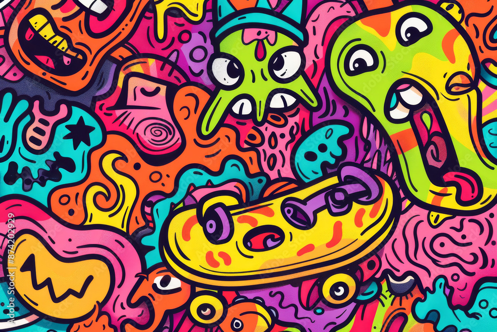 Skateboard Doodles. Generated image. A digital illustration of a collection of skateboard items in a doodle art style. Skateboard Doodles. Generated image. A digital illustration of a collection of skateboard items in a doodle art style.
