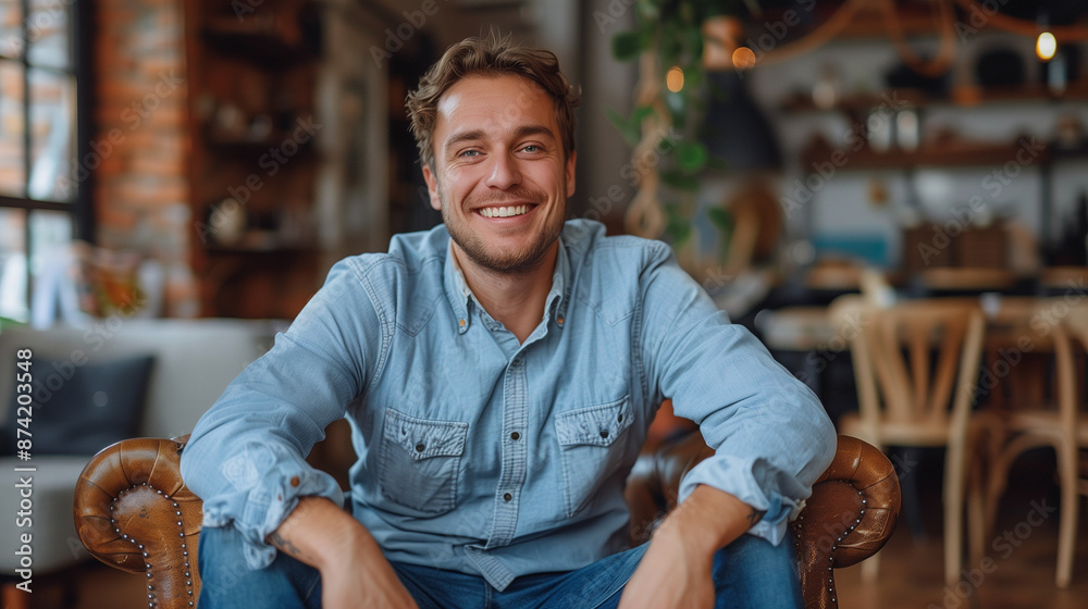 Young Blond Man Sitting (Blue Shirt) in Interior, Smile and Look at Camera. Portrait of a Person, Businessman, Casual. Healthy, Happy, Life Style 