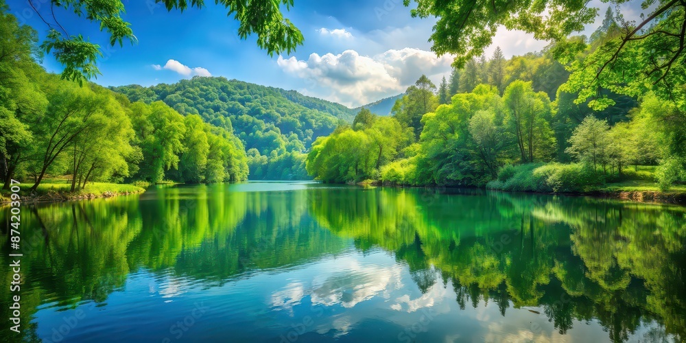 Fototapeta premium Tranquil lake scene surrounded by lush green trees, water, landscape, nature, forest, reflection, serene, calm, peaceful