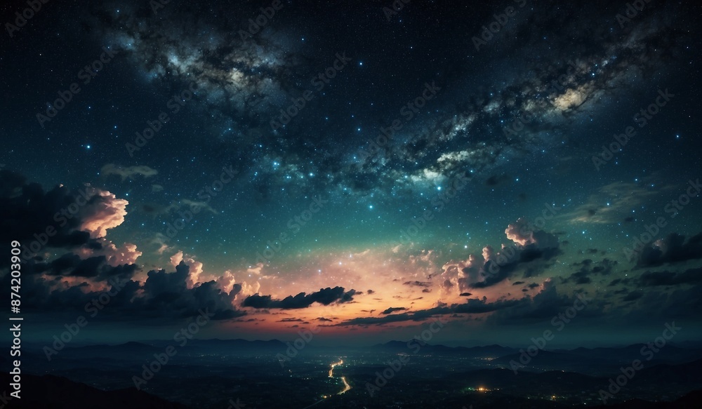 Fototapeta premium Stars and clouds in twilight sky over a serene landscape