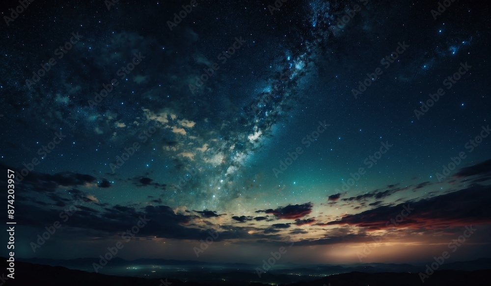 Star-filled sky with Milky Way over illuminated horizon Star-filled sky with Milky Way over illuminated horizon