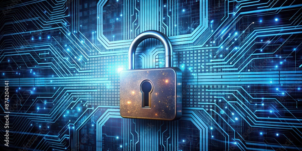 Virtual padlock representing cybersecurity in a mixed media design Virtual padlock representing cybersecurity in a mixed media design