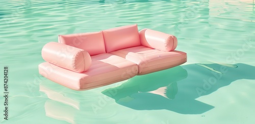 A pink chair-shaped buoy floats on the surface of the calm water