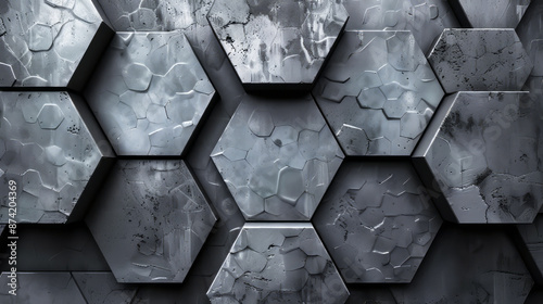 3d rendering of abstract metal background with hexagon shapes in gray color. Ai generative. photo