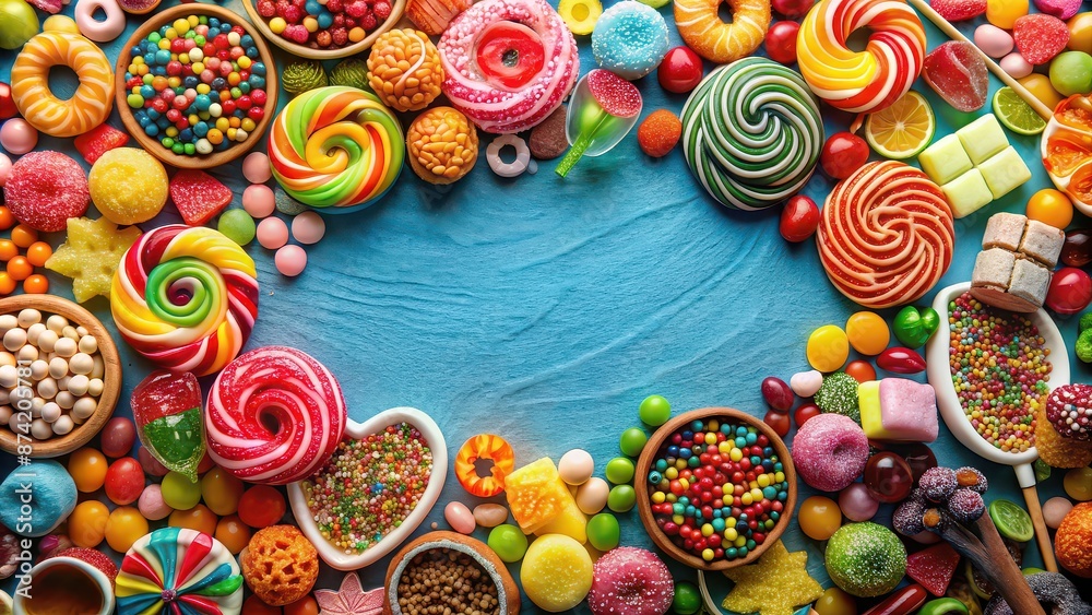 Vibrant display of assorted sweet treats against a background, candy, sugar, dessert, confectionery, colorful, assortment Vibrant display of assorted sweet treats against a background, candy, sugar, dessert, confectionery, colorful, assortment