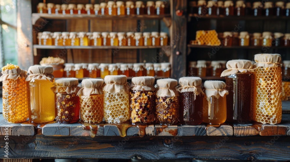 Jars of Honey and Comb Displayed on a Wooden Countertop in a Rural Store