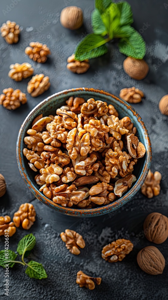 Overhead view of walnuts in a bowl Overhead view of walnuts in a bowl