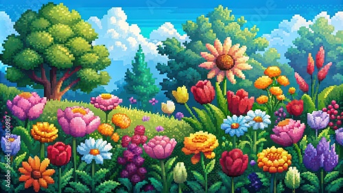 Wallpaper Mural Vibrant pixel art flowers in a lush garden setting, pixel art, vibrant, colorful, blooming, flowers, garden, spring, petals Torontodigital.ca