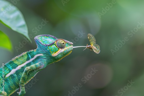 Chameleon's tongue catching insect mid-air, millisecond capture. Canon EOS-1D X Mark III with 180mm f/3.5 macro lens, high-speed flash. Jungle setting.  photo