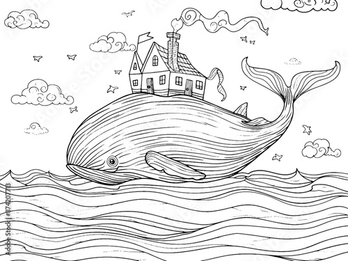 Blue whale in lake, mountain nature. There is house fish back. Coloring book. Generative ai vector.