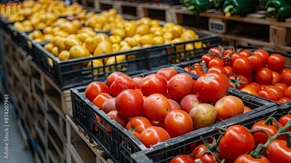 Potatoes and tomatoes in a warehouse distribution center Potatoes and tomatoes in a warehouse distribution center