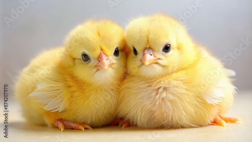 Two cute yellow chicks snuggled up together, adorable, chicks, cuddling, yellow, two, baby animals, poultry, farm animals, fluffy photo