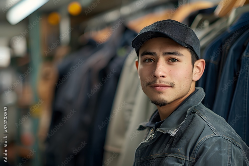 Portrait of a Young Man in a Cap and Jacket in a Clothing Store Portrait of a Young Man in a Cap and Jacket in a Clothing Store