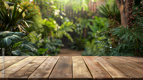 Empty wooden table in lush backyard garden