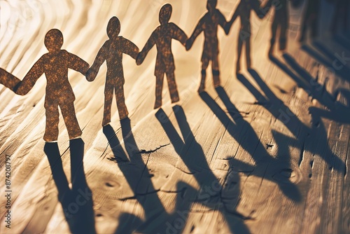 Paper cut-out of people holding hands in a chain, casting long shadows on a wooden surface, with a blurred background to emphasize unity and connection within a community or group.