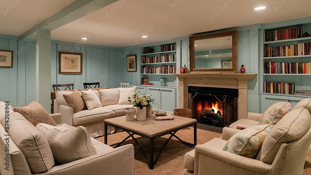Fototapeta premium Pastel blue walls in basement living room interior.
