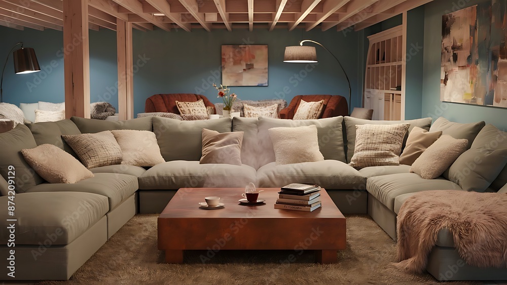 Pastel blue walls in basement living room interior. Pastel blue walls in basement living room interior.
