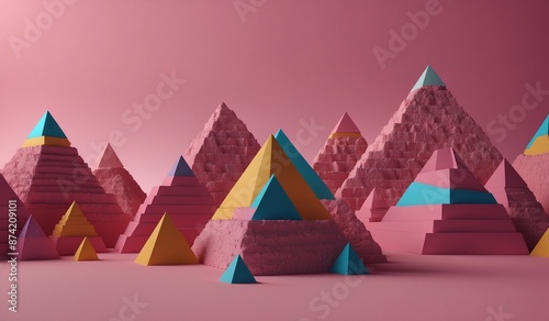 Colorful geometric pyramids and structures arranged on pink