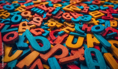 Heap of colorful wooden alphabet letters in a pile