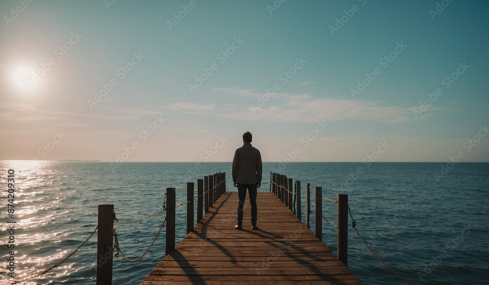 Lone person on pier extending into calm sea Lone person on pier extending into calm sea
