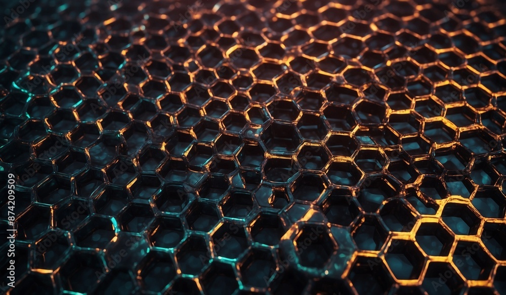 Metallic hexagonal grid glowing with orange-blue light. Metallic hexagonal grid glowing with orange-blue light.