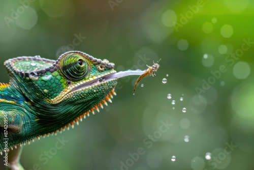 Chameleon's tongue catching insect mid-air, millisecond capture. Canon EOS-1D X Mark III with 180mm f/3.5 macro lens, high-speed flash. Jungle setting.  photo