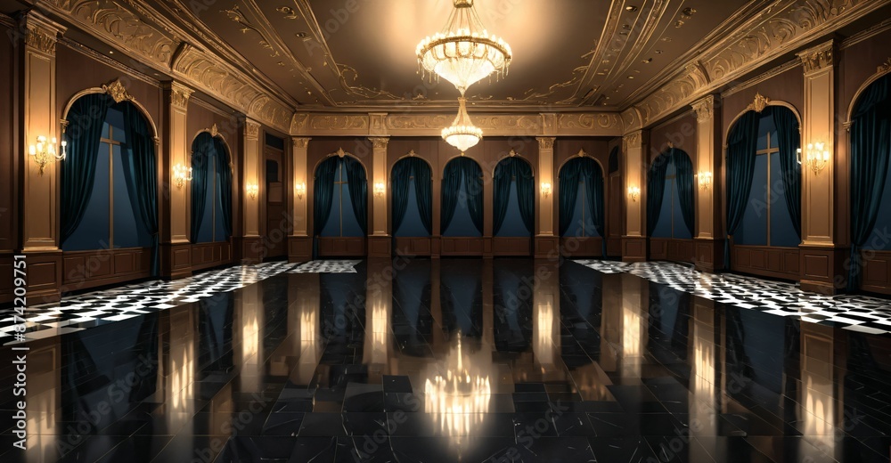 Obraz premium royal ballroom palace castle room interior. open mansion hall with pattern on smooth stone flooring. adorned in luxurious noble black and gold palette with intricate detail and warm lighting.