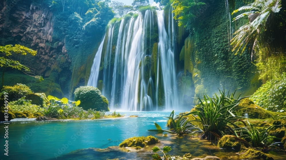 A majestic waterfall cascading into a turquoise pool, surrounded by lush greenery and tropical plants. A majestic waterfall cascading into a turquoise pool, surrounded by lush greenery and tropical plants.