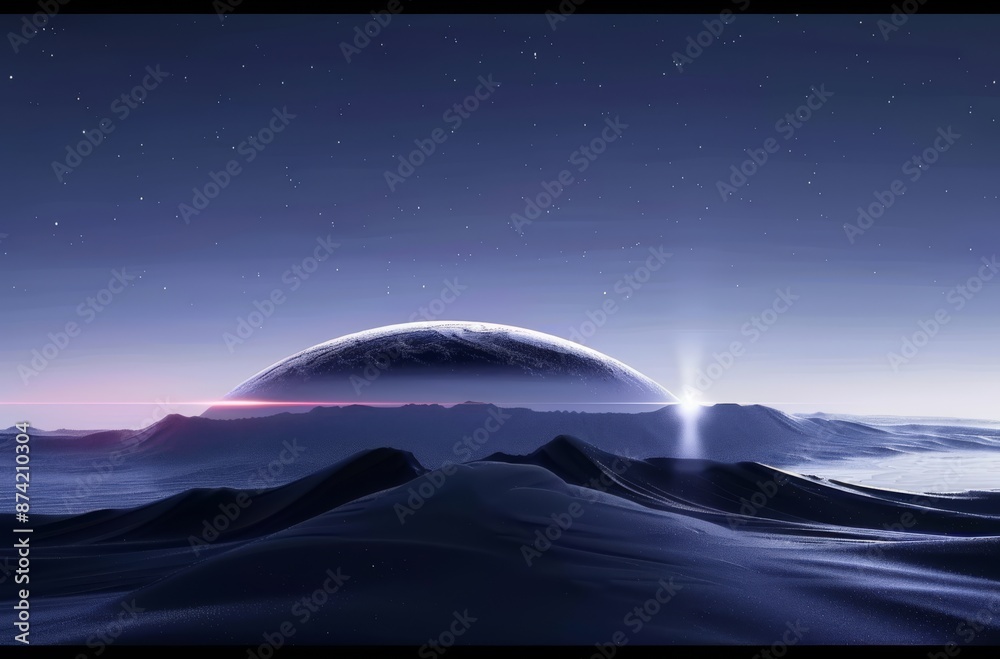 wide shot of an alien planet with a dark blue sky, the horizon is lit by the light from one giant white dome in space wide shot of an alien planet with a dark blue sky, the horizon is lit by the light from one giant white dome in space