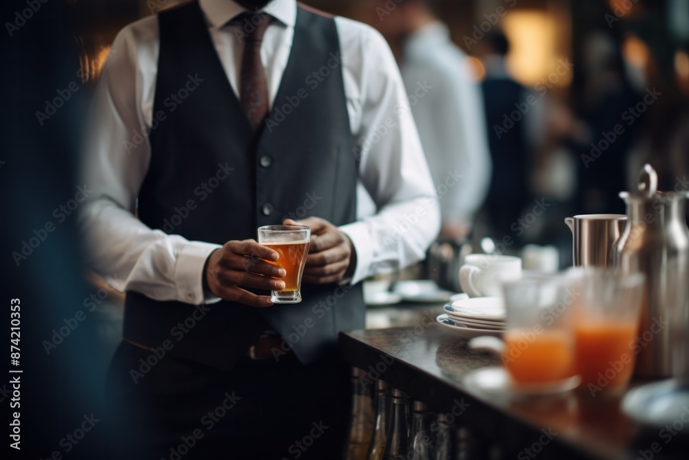 a waiter pouring drinks during a drinking break. a waiter pouring drinks during a drinking break.