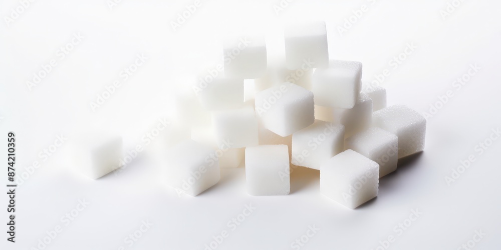 Sugar cubes arranged in a pile on a white background