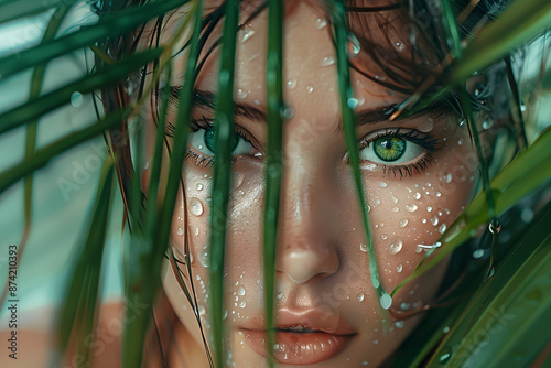 Ethereal Beauty: Girl with Striking Green Eyes Drenched in Water Among Lush Palm Leaves